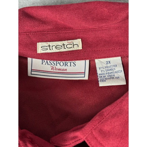 Passports Woman 2X Red Stretch Tunic Top Button Up Shirt Blouse Plus Size - Picture 2 of 5